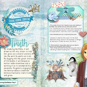 以下が含まれることがあります： 青と白で描かれたイラストのページで、大きな青いフォントで「Truth」という言葉が書かれています。ページには、聖書を学ぶことと、それが神の業を理解するのにどのように役立つかについての引用が書かれています。また、聖書の知識を深めることの重要性と、それがどのように私たちの性格を変えることができるかについての引用も書かれています。ページは雪片とペンギンで飾られています。