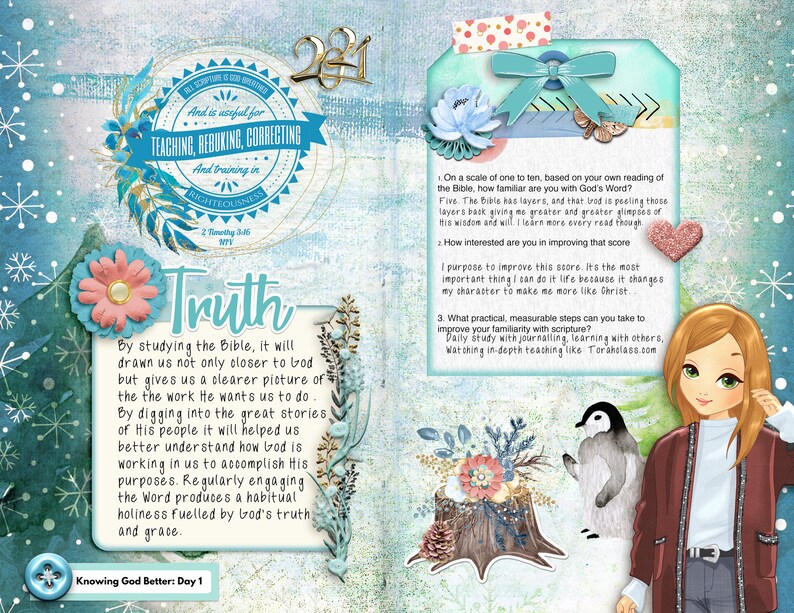 以下が含まれることがあります： 青と白で描かれたイラストのページで、大きな青いフォントで「Truth」という言葉が書かれています。ページには、聖書を学ぶことと、それが神の業を理解するのにどのように役立つかについての引用が書かれています。また、聖書の知識を深めることの重要性と、それがどのように私たちの性格を変えることができるかについての引用も書かれています。ページは雪片とペンギンで飾られています。