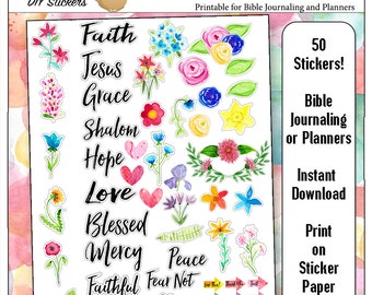 Printable Bible Journaling & Planner Stickers in Hand-Painted Watercolor Florals Faith Word Art DIY 50 Stickers