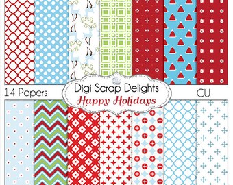 Happy Holidays Christmas Papers , Red, Green, Turquoise Digital Scrapbooking Paper, Chevron, Quatrefoil Instant Download