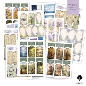 May include: A collection of printable PDF pages featuring vintage-style tags and labels with floral and biblical illustrations. The tags have various designs, including butterflies, flowers, and landscape scenes. Text includes "7 PDFs Fussy Cut & Verses" and "Instant Download".