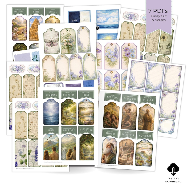 May include: A collection of printable PDF pages featuring vintage-style tags and labels with floral and biblical illustrations. The tags have various designs, including butterflies, flowers, and landscape scenes. Text includes "7 PDFs Fussy Cut & Verses" and "Instant Download".