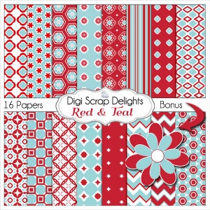 Red & Teal Digital Paper Pack: Scrapbook Backgrounds (Digital Download)