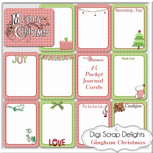 Christmas Gingham 24 Pocket Journal Cards, Printable, Red, Green Project Life Cards, Digital Scrapbooking image 1