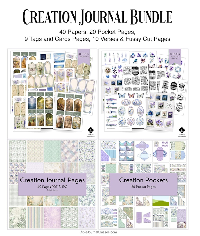 May include: A Creation Journal Bundle with 40 papers, 20 pocket pages, 9 tags and cards pages, 10 verses, and fussy cut pages. The image shows various printable pages with floral and nature-themed designs, including tags, cards, and journal pages. The text "Creation Journal Pages" and "Creation Pockets" are visible.