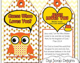 3 Sizes Printable Halloween Scripture Treat Tags. Candy Corn, Owls in Yellow, Orange, Black for Party Favors, Jesus Loves You