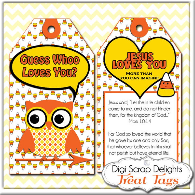 3 Sizes Printable Halloween Scripture Treat Tags. Candy Corn, Owls in Yellow, Orange, Black for Party Favors, Jesus Loves You image 1