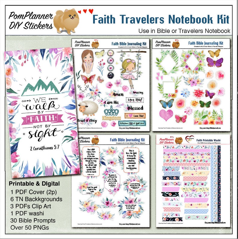 May include: A digital printable kit for faith-based journaling with a pink and green floral theme. The kit includes a cover page with the text "We walk by faith, not by sight, 2 Corinthians 5:7",  clip art, washi tape, and Bible prompts.