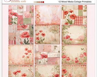 Poppy Junk Journal Pages: Red Floral Ephemera, Collage Kit (Digital Download)