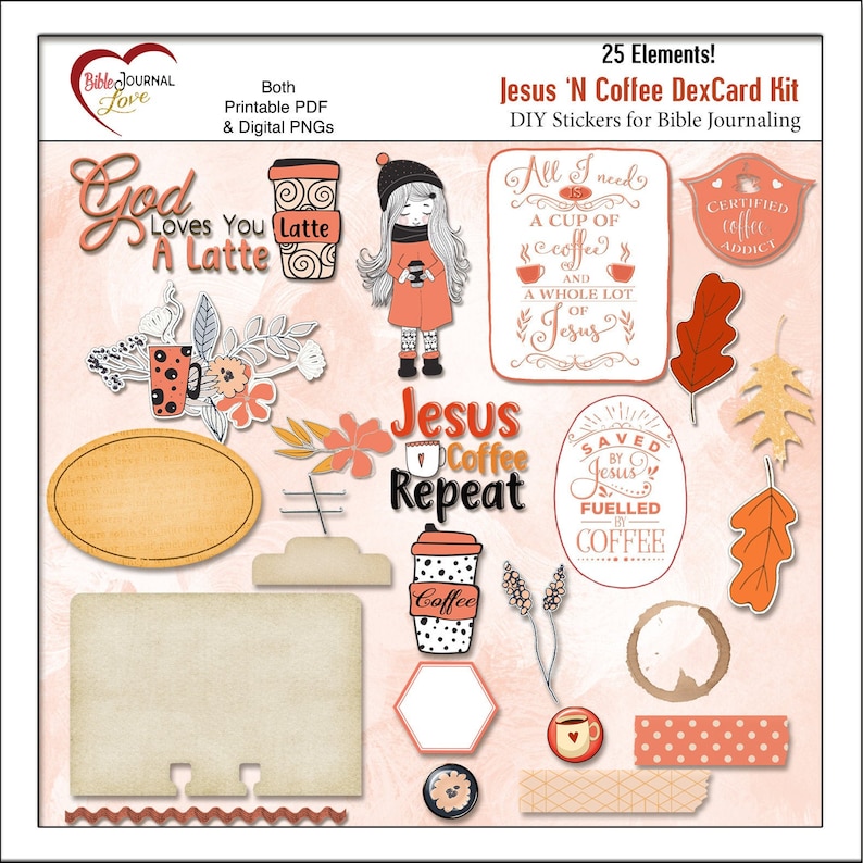 Puede incluir: Un conjunto de 25 pegatinas digitales imprimibles para la escritura de la Biblia con un tema de caf&eacute;. Las pegatinas incluyen ilustraciones de tazas de caf&eacute;, granos de caf&eacute;, hojas y texto como "God Loves You A Latte", "Jesus Coffee Repeat", "All I Need Is A Cup Of Coffee" y "Certified Coffee Addict".