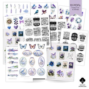 May include: A collection of 10 PDF digital downloads featuring various designs. The designs include floral elements, butterflies, birds, stamps, and inspirational quotes in shades of blue, purple, and white. The text "Fussy Cut & Verses" is visible.