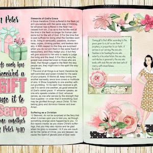 May include: A pink and green Bible page with a quote from 1 Peter 4:10, "As each has received a gift, use it to serve one another." The page is decorated with pink flowers, a woman in a polka dot dress, and a pink and green floral pattern.
