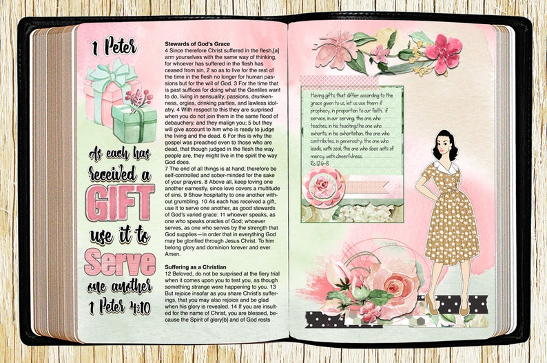 May include: A pink and green Bible page with a quote from 1 Peter 4:10, "As each has received a gift, use it to serve one another." The page is decorated with pink flowers, a woman in a polka dot dress, and a pink and green floral pattern.