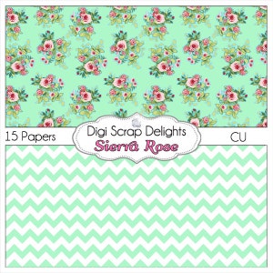 SALE 1.75 Shabby Chic Vintage Sierra Rose Digital Papers Cath Kidson style w Quatrefoil, Chevron, Damask, Mint Green, Lilac, Pink image 3