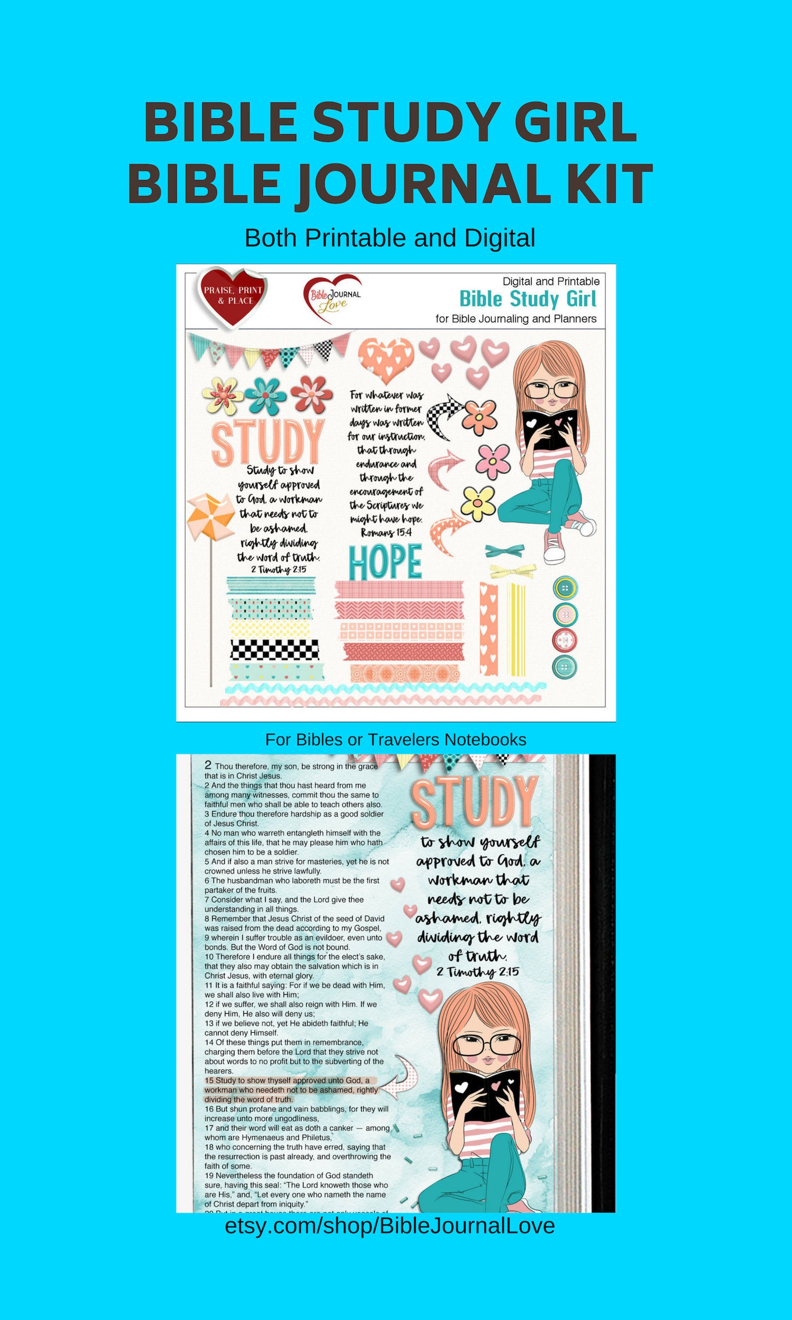 Bible Journal Kit Printable &amp; Digital . Bible Study Girl Clip - Etsy