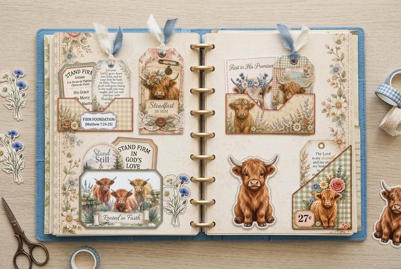 Disc-bound Highland Cow folio with pockets and tags