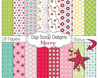 Christmas Papers Pink, Green, Yellow, Blue Digital Scrapbooking Paper, Bonus Star, Candy Cane Elements, Instant Download