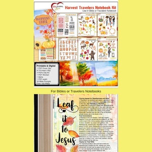 May include: A digital printable kit for Bible journaling with a harvest theme. The kit includes a cover, inserts, clip art, word art, alphabet letters, washi tape, Bible prompts, and over 100 PNG images. The kit is perfect for use in Bibles or Travelers Notebooks.