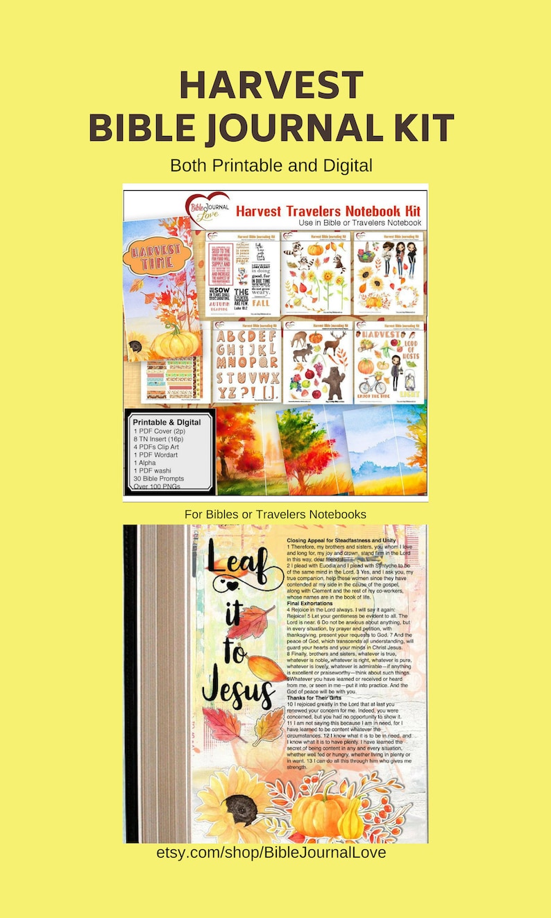 May include: A digital printable kit for Bible journaling with a harvest theme. The kit includes a cover, inserts, clip art, word art, alphabet letters, washi tape, Bible prompts, and over 100 PNG images. The kit is perfect for use in Bibles or Travelers Notebooks.
