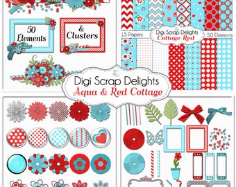 Aqua & Red Cottage Digital Scrapbook Kit, 15 Papers, 50 Images w Clusters for Card Making, Phone Covers, Web Design, Instant Downloa