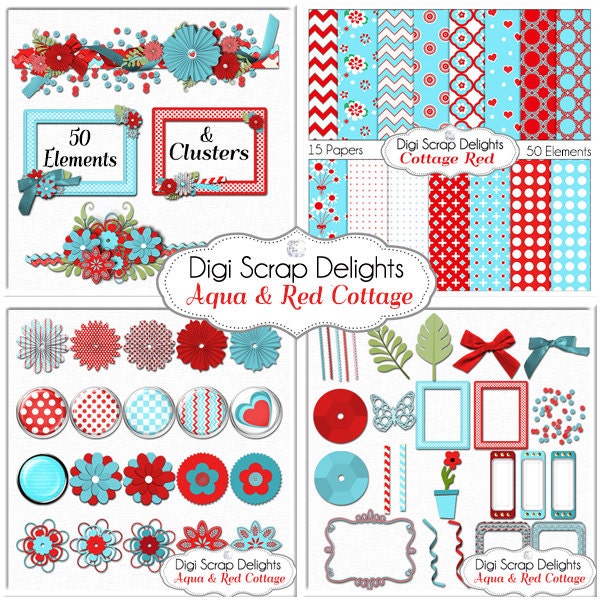 Aqua & Red Cottage Digital Scrapbook Kit, 15 Papers, 50 Images w Clusters for Card Making, Phone Covers, Web Design, Instant Downloa