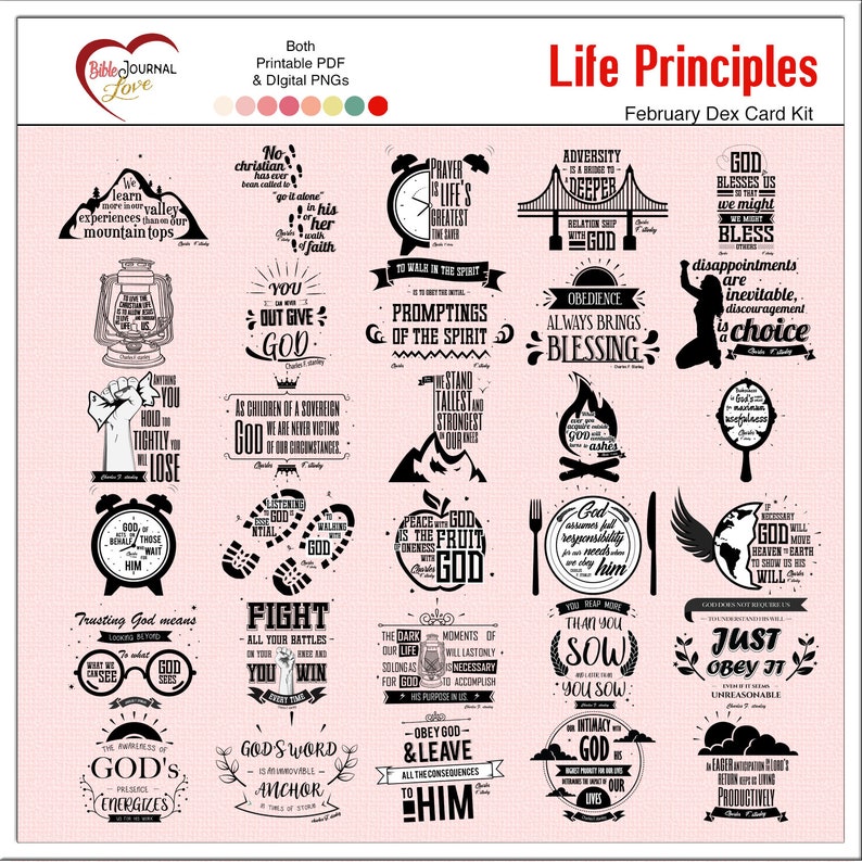May include: A set of 24 printable cards with black and white illustrations and inspirational quotes about life principles. The cards feature a pink background with the text "Life Principles" and "February Dex Card Kit".