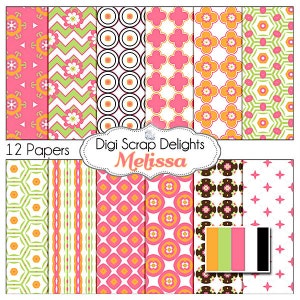 VENDA 1,75 Melissa Digital Papers w Quatrefoil & Chevron para scrapbooking digital, cartões, planos de fundo, CU OK em rosa, laranja, verde
