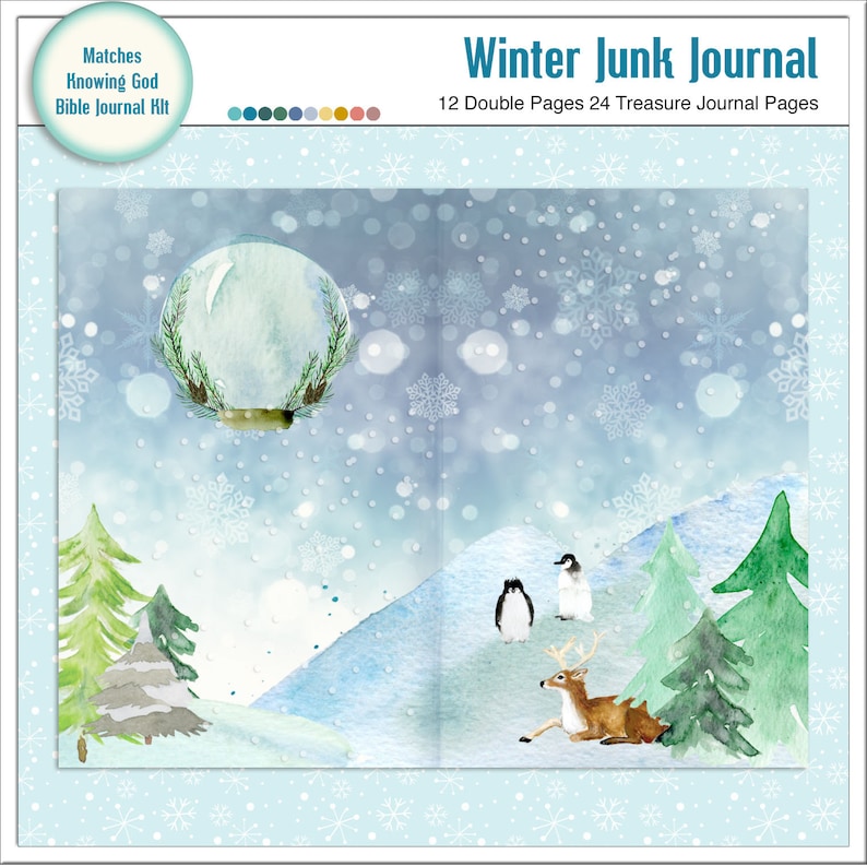 以下が含まれることがあります： 雪景色、ペンギン、鹿、雪玉のウォーターカラーイラストが描かれた冬のテーマのジャンクジャーナル。ジャーナルは12ページのダブルページと24ページの宝物のジャーナルページがあります。表紙には「Winter Junk Journal」と「12 Double Pages 24 Treasure Journal Pages」の文字が印刷されています。