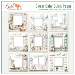 Süße Baby Quick Pages 9 Scrapbook oder Bibel Journal Seiten. Ziehen Sie & Drop Verse oder Fotos, Creme n Grün