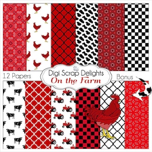May include: A set of 12 digital scrapbook papers featuring farm-themed patterns in red, white, and black. The patterns include cows, tractors, roosters, checkered designs, and paisley patterns. The text "Digi Scrap Delights On the Farm" is included in the image.
