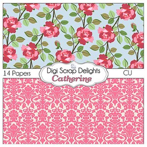 SALE 1.75 Shabby Chic Vintage Rose Papers Catherine Cath Kidson, Style Digital Papers for Digital Scrapbooking, Card Making image 2