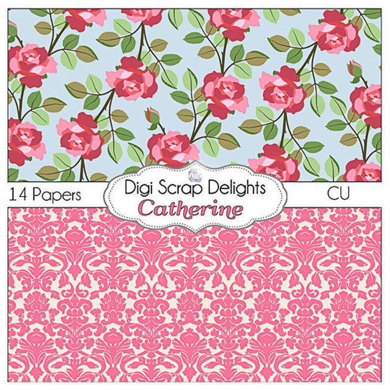 SALE 1.75 Shabby Chic Vintage Rose Papers Catherine Cath Kidson, Style Digital Papers for Digital Scrapbooking, Card Making image 2