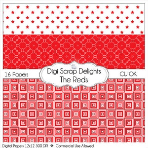 SALE 1.75 Reds Digital Papers for Scrapbooking Card Making, Photo Backgrounds birds, polka dots,and quatrefoil image 4