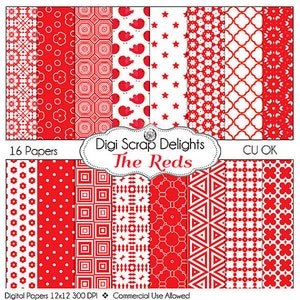 SALE 1.75 Reds Digital Papers for Scrapbooking Card Making, Photo Backgrounds birds, polka dots,and quatrefoil image 1