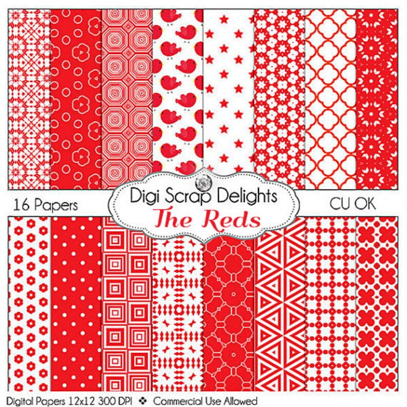 SALE 1.75 Reds Digital Papers for Scrapbooking Card Making, Photo Backgrounds birds, polka dots,and quatrefoil image 1