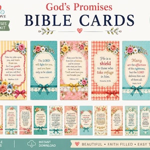 Puede incluir: Una colección digital de tarjetas imprimibles para diario bíblico con motivos florales, cintas y detalles de encaje. Las tarjetas muestran varios versículos religiosos en diferentes colores y patrones, incluyendo rayas y cuadros, con texto como God's Promises.