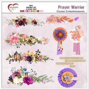 May include: A set of digital printable embellishments for scrapbooking or other paper crafts. The embellishments feature an autumn theme with floral wreaths, ribbons, and rosettes in shades of purple, pink, orange, and brown. The text "Prayer Warrior Cluster Embellishments" is included in the image.