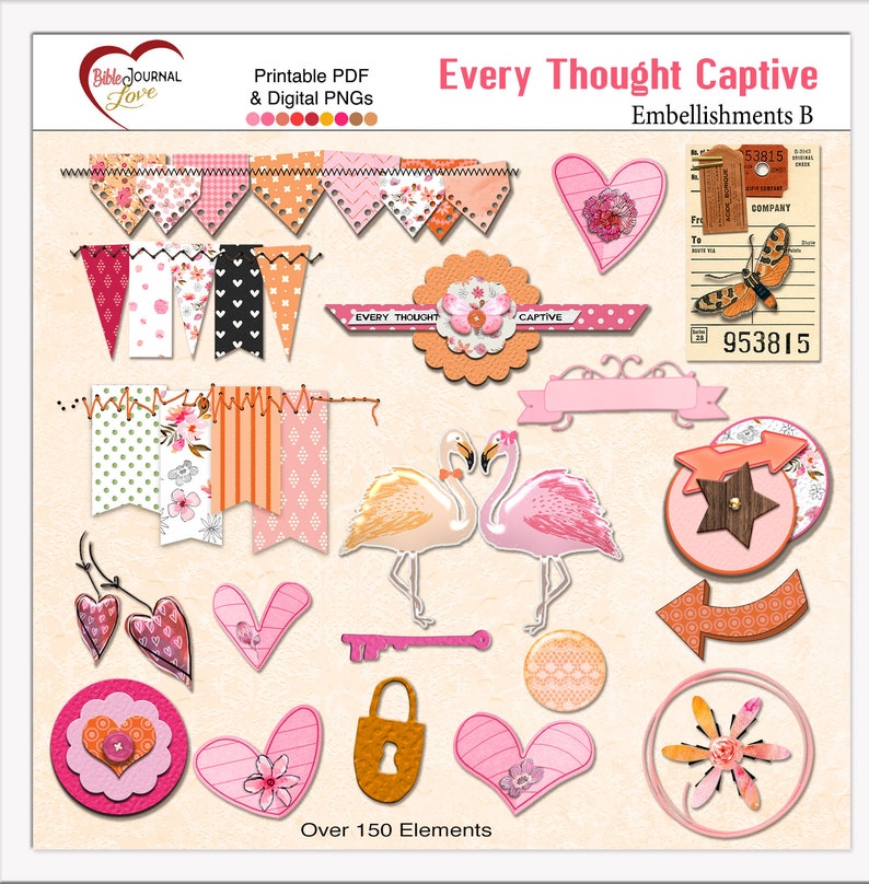 May include: Digital scrapbook embellishments with a pink and orange color scheme. The embellishments include hearts, banners, flamingos, arrows, a key, a lock, and a butterfly. The text "Every Thought Captive" is included in the image.