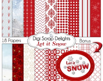 Christmas Papers, Red and White Snow Digital Papers: Poinsettias, Damasks, Quatrefoil for Winter or Christmas Themes, Digital Papers