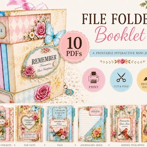 May include: A printable file folder booklet mini journal featuring vintage floral patterns, butterflies, and text including "REMEMBER" and "FILE FOLDER Booklet". The set includes 10 PDFs with interactive pockets, flip-outs, tags, and journaling space.