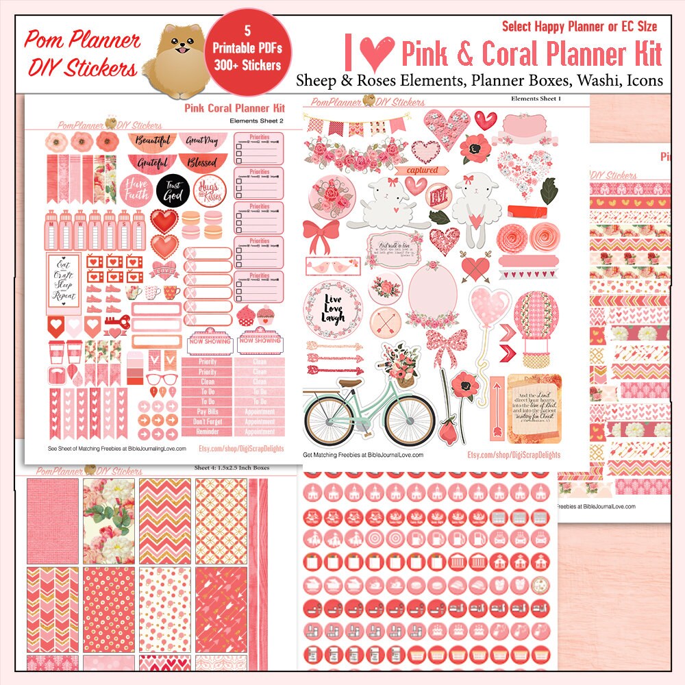 Planner Kit Printable Stickers Kit in Pink &amp; Coral Roses - Etsy Canada