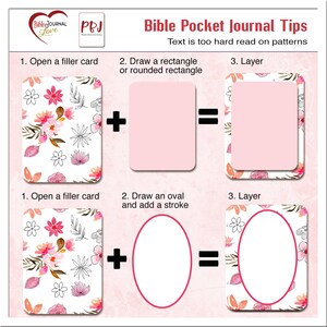 May include: A visual guide with pink floral patterns and white backgrounds showing how to layer a rectangle or oval shape over a patterned background to make text easier to read. The text reads "Bible Pocket Journal Tips" and "Text is too hard read on patterns".