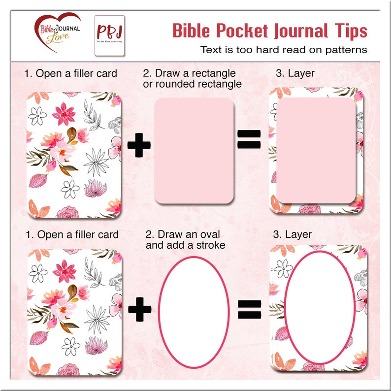 May include: A visual guide with pink floral patterns and white backgrounds showing how to layer a rectangle or oval shape over a patterned background to make text easier to read. The text reads "Bible Pocket Journal Tips" and "Text is too hard read on patterns".