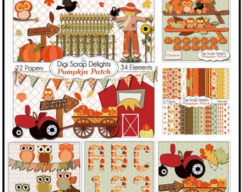 Pumpkin Patch Fall Clip Art, Autumn Owls, Farm, Hay Ride, Barn, Tractor, Digital Scrapbook Kit Scarecrow, Crows, Birthday Teacher, Instant