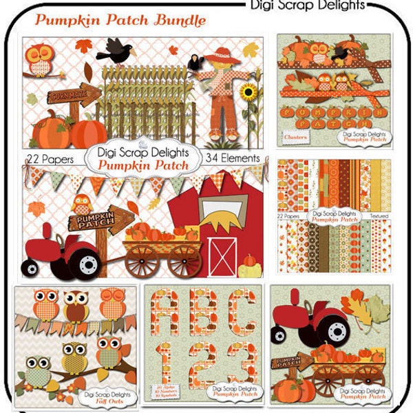 Pumpkin Patch Fall Clip Art, Autumn Owls, Farm, Hay Ride, Barn, Tractor, Digital Scrapbook Kit Scarecrow, Crows, Birthday Teacher, Instant