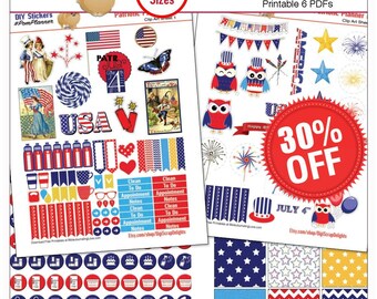 Planner Kit Stickers! Patriotic Printable Stickers / July 4  Art, Washi, HP & EC Boxes, 300 Icons/  Red White Blue,
