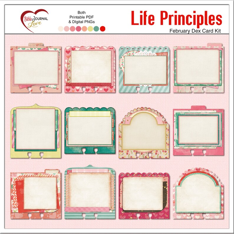 May include: A set of 12 printable and digital cards for a February planner or journal. The cards feature a variety of vintage-inspired designs with hearts, flowers, and stripes. The text "Life Principles" and "February Dex Card Kit" is included on the cards.