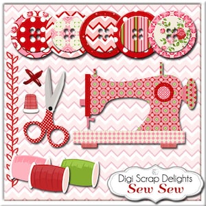 Puede incluir: Un kit de scrapbooking digital con una máquina de coser roja y rosa, botones, tijeras, carretes de hilo y el texto "Digi Scrap Delights Sew Sew".