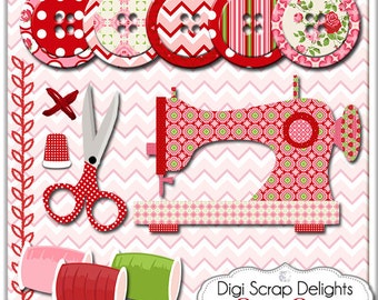 Sew Sew Sewing Clip Art, Printable PDF & Digital PNGs, Vintage Rose Digital (Cath Kidson, Style) Buttons, Scissors, Thimble