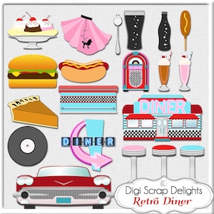 May include: Retro diner clip art set with images of a diner, car, jukebox, hot dog, hamburger, pie, milkshake, ice cream, spoon, soda, and a sign that says "Diner".